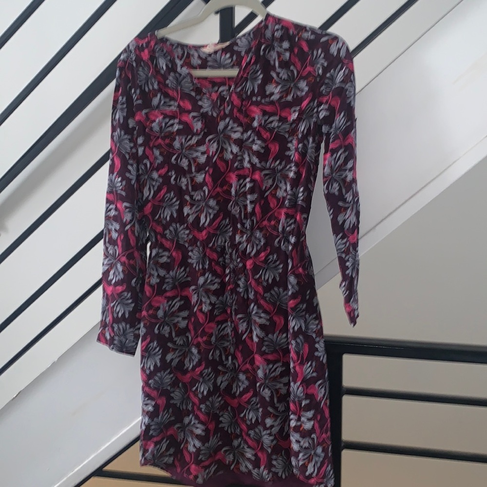 Rebecca Taylor 100% silk shirt dress tie waist burgundy floral size 0 zero
